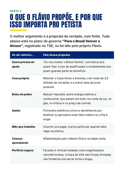 As propostas do Flávio, com fonte, ligadas ao que o petista valoriza